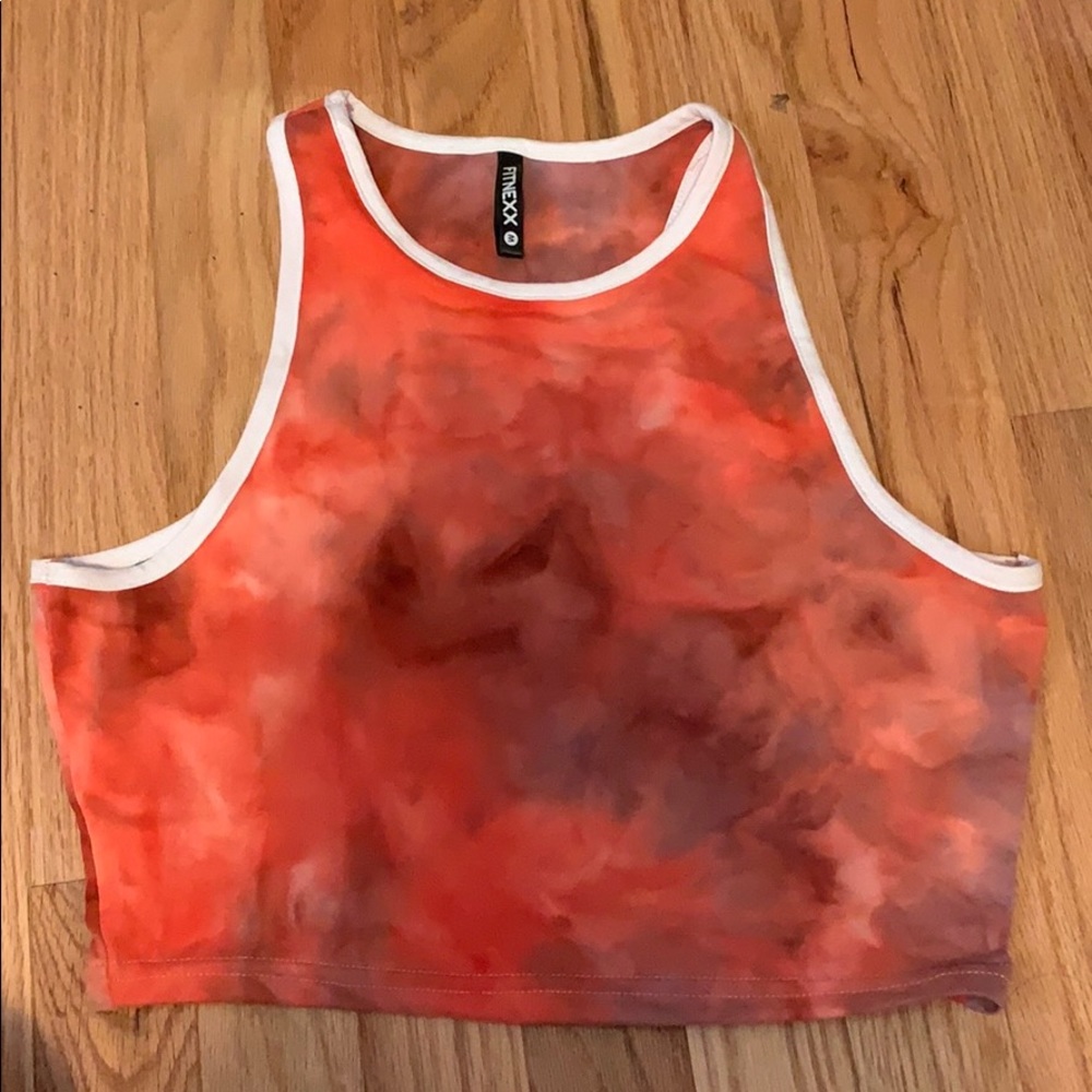 Tie-dyed red tank top.